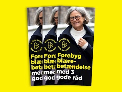 1 ud af 10 kvinder har haft symptomer på blærebetændelse det seneste år
Heldigvis&nbsp;kan du - med disse 3 gode råd - gøre meget for at forebygge blærebetændelse og undgå antibiotika:
1. Drik rigeligt og skyl bakterierne væk
2. Giv dig tid, når du tisser&nbsp;
3. Hold dig ren og tør forneden
Læs mere her på antibiotikaellerej.dk og i brochuren: "Forebyg blærebetændelse med 3 gode råd."